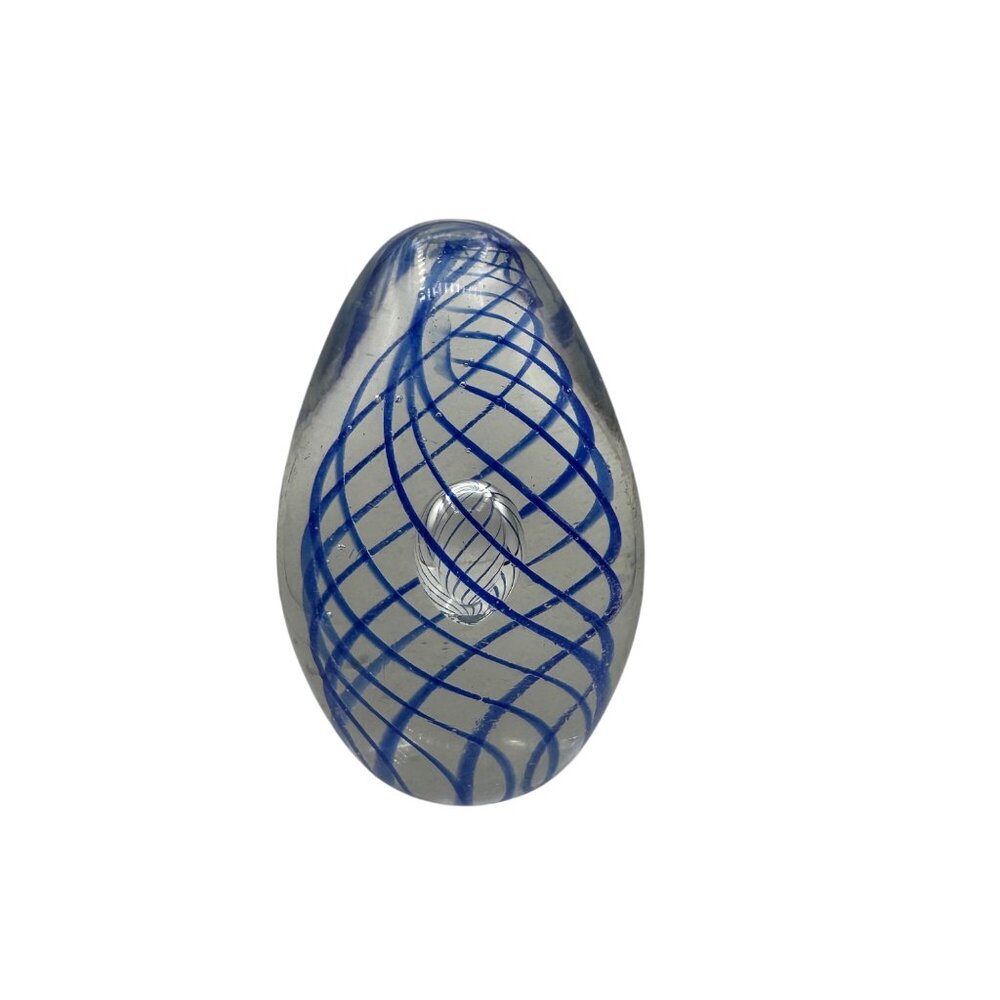 Handcrafted Blue Swirl Clear Glass Paperweight With Intricate Spiral Design